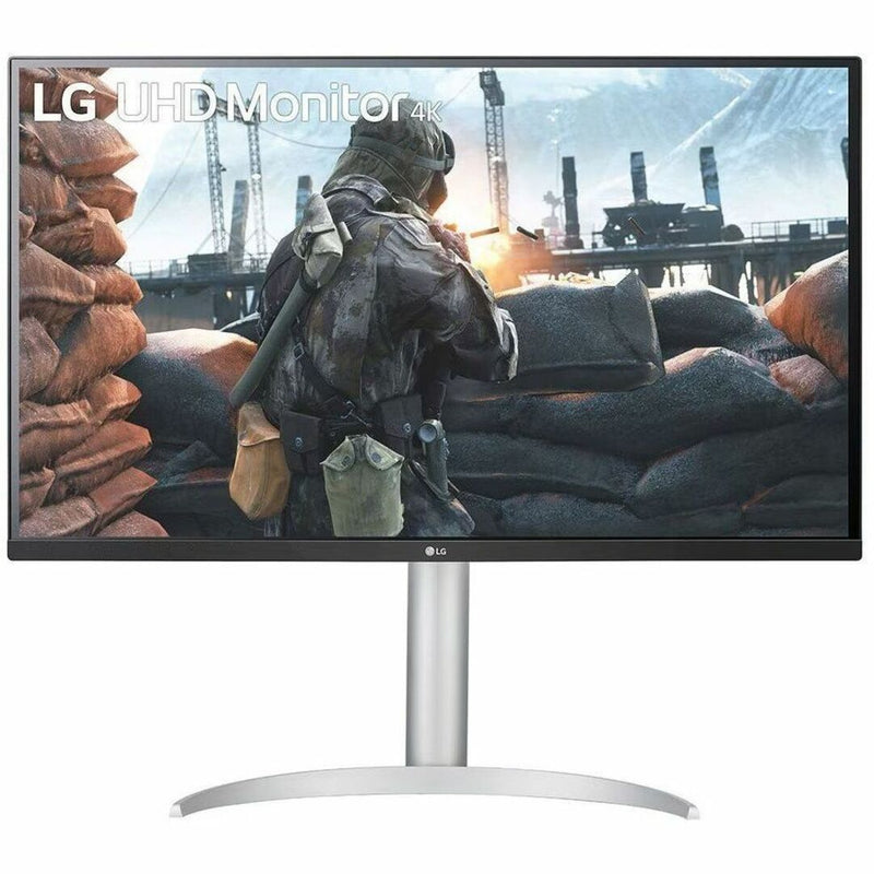 Angled view of LG 27BP55U-B monitor showing slim profile and silver stand