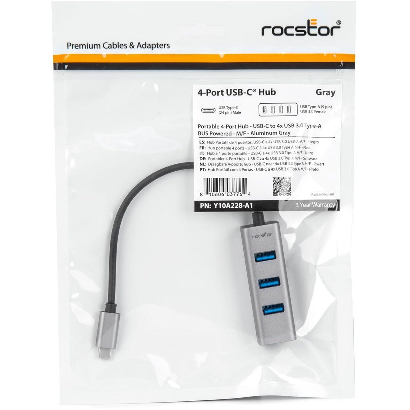 Rocstor Y10A228-A1 Portable 4 Port USB C Hub, 4 USB 3.0 Ports, ChromeOS/Windows/macOS/Linux Compatible