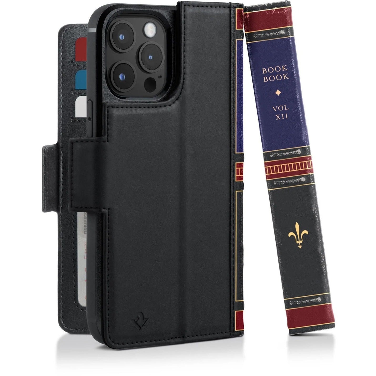 Black leather BookBook case for iPhone 14 Pro Max showing card slots and camera cutout with vintage book-style spine design-alternate-image1