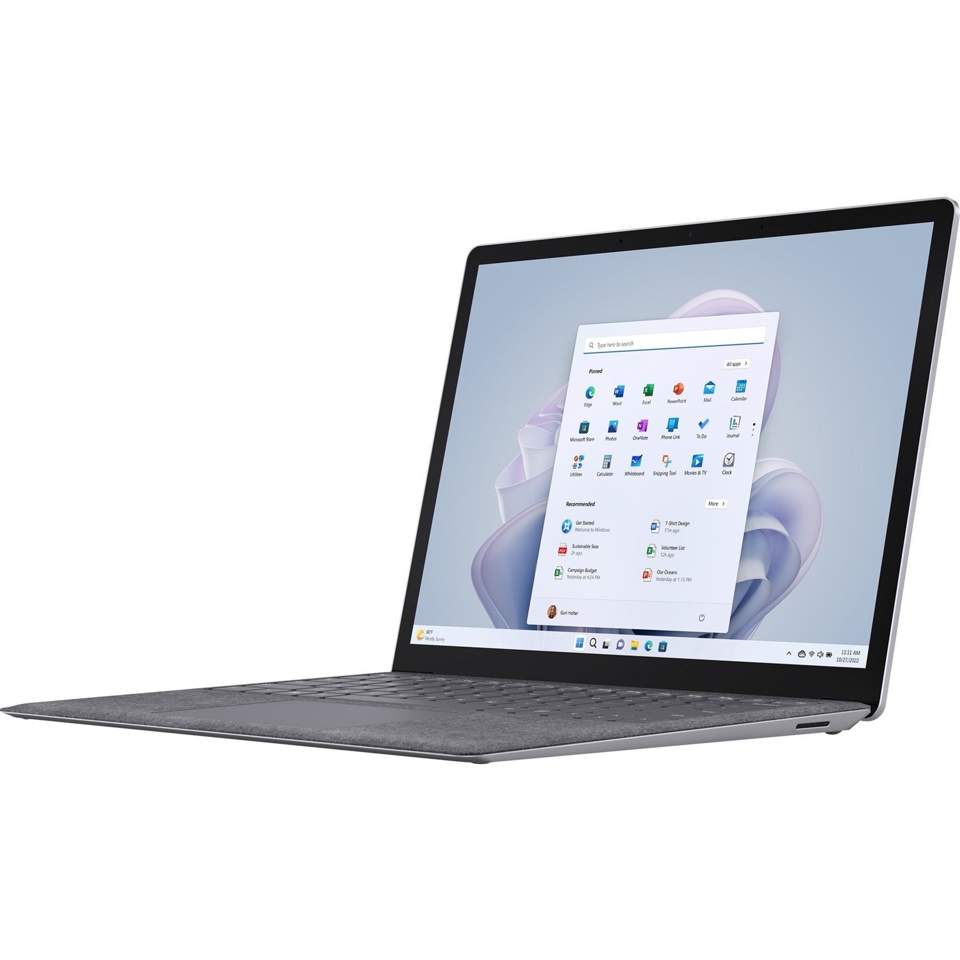 Microsoft Surface Laptop 5 showing Windows 11 Start menu on PixelSense touchscreen display with platinum finish-alternate-image1