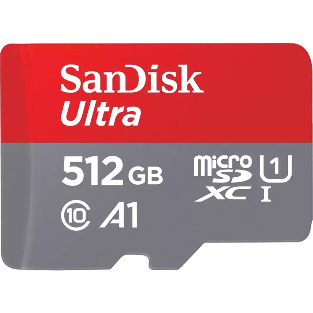 SanDisk Ultra 512GB microSDXC memory card featuring red and gray design with Class 10 and A1 performance ratings-alternate-image1