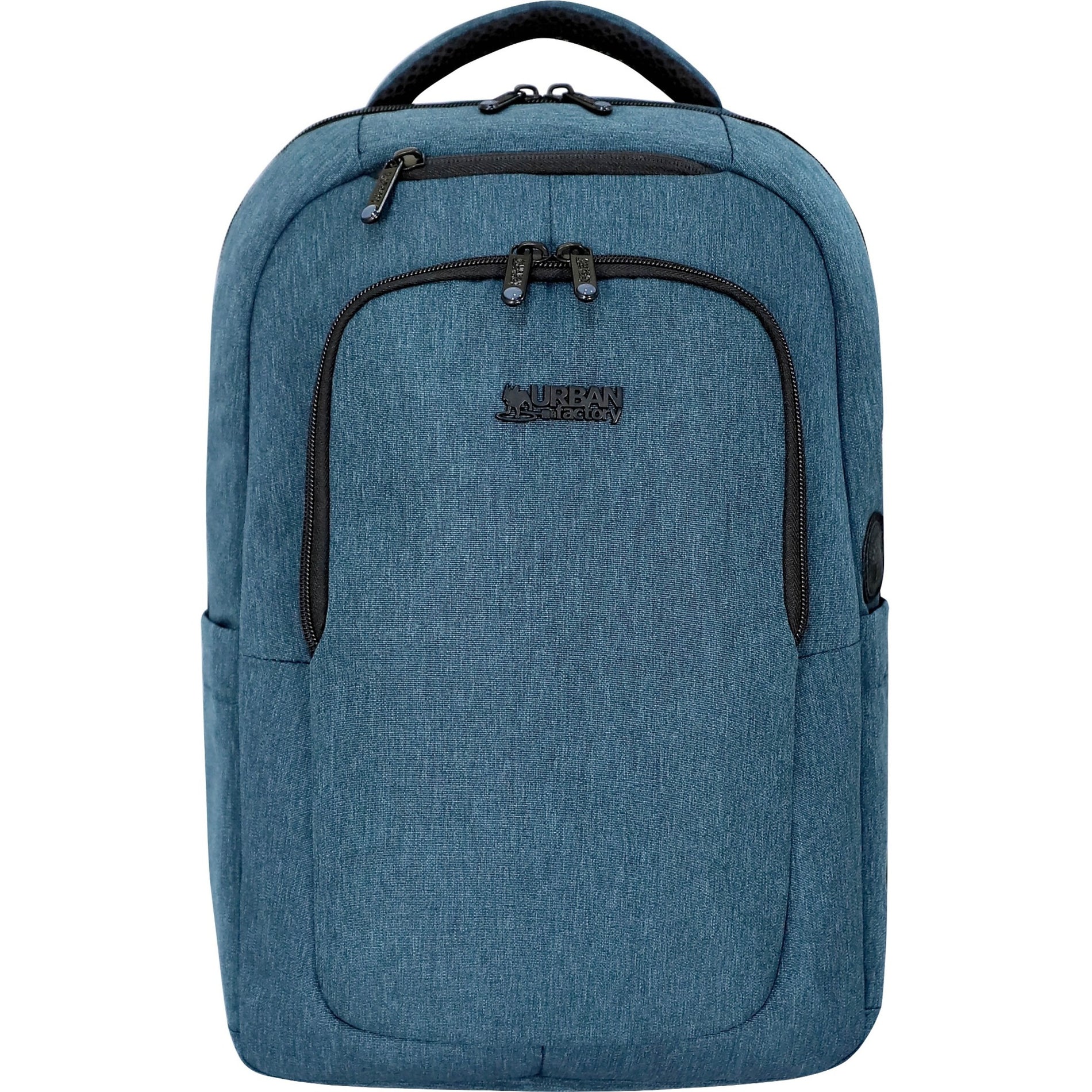 Front view of light blue Urban Factory CYCLEE CITY eco-friendly laptop backpack with multiple zippered compartments-alternate-image1