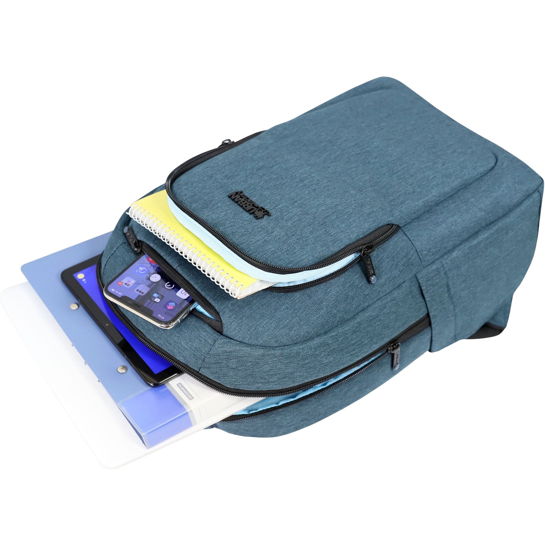 Open view of Urban Factory backpack showing multiple compartments with laptop, phone, and document storage-alternate-image2