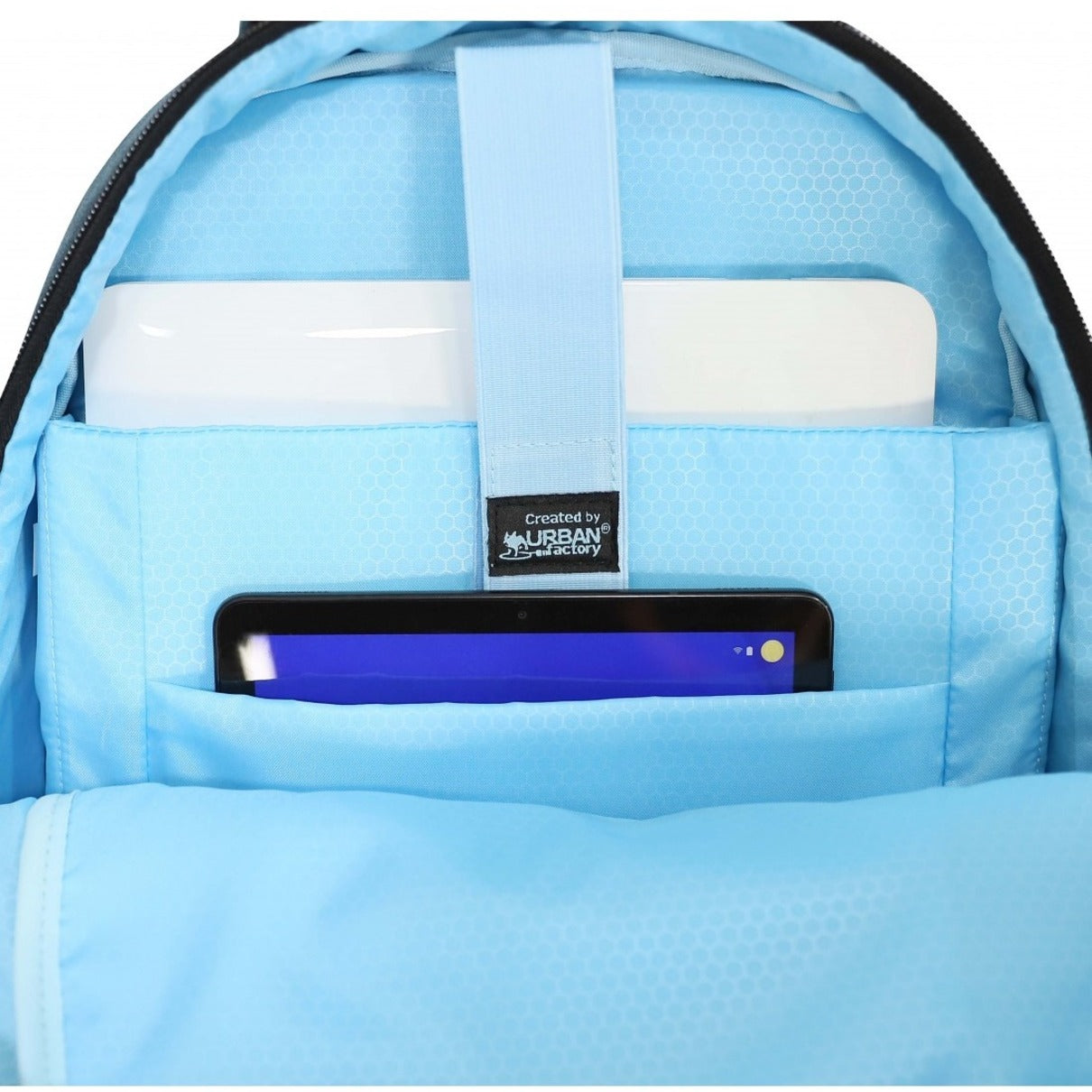 Interior view of Urban Factory backpack showing laptop compartment with security strap-alternate-image6