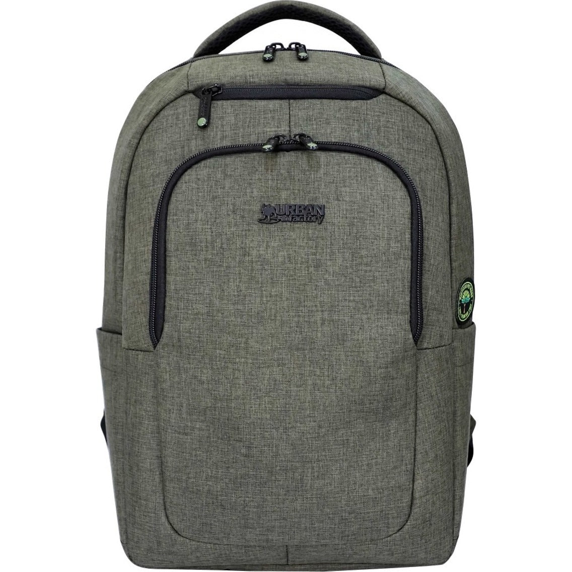 Front view of khaki Urban Factory CYCLEE CITY eco backpack showing main compartment and front pocket design-alternate-image1