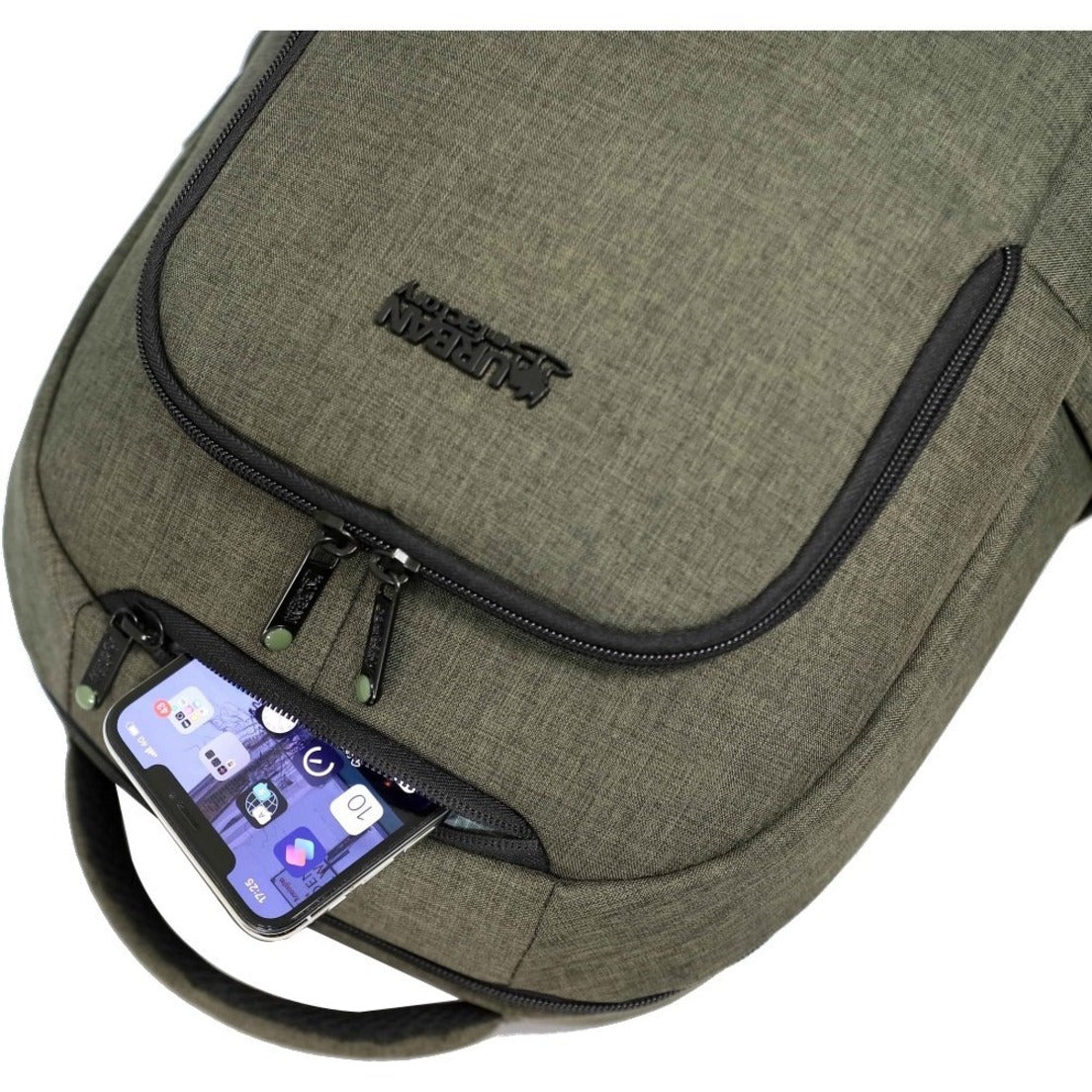 Close-up of Urban Factory backpack showing quick-access phone pocket and zipper design-alternate-image7