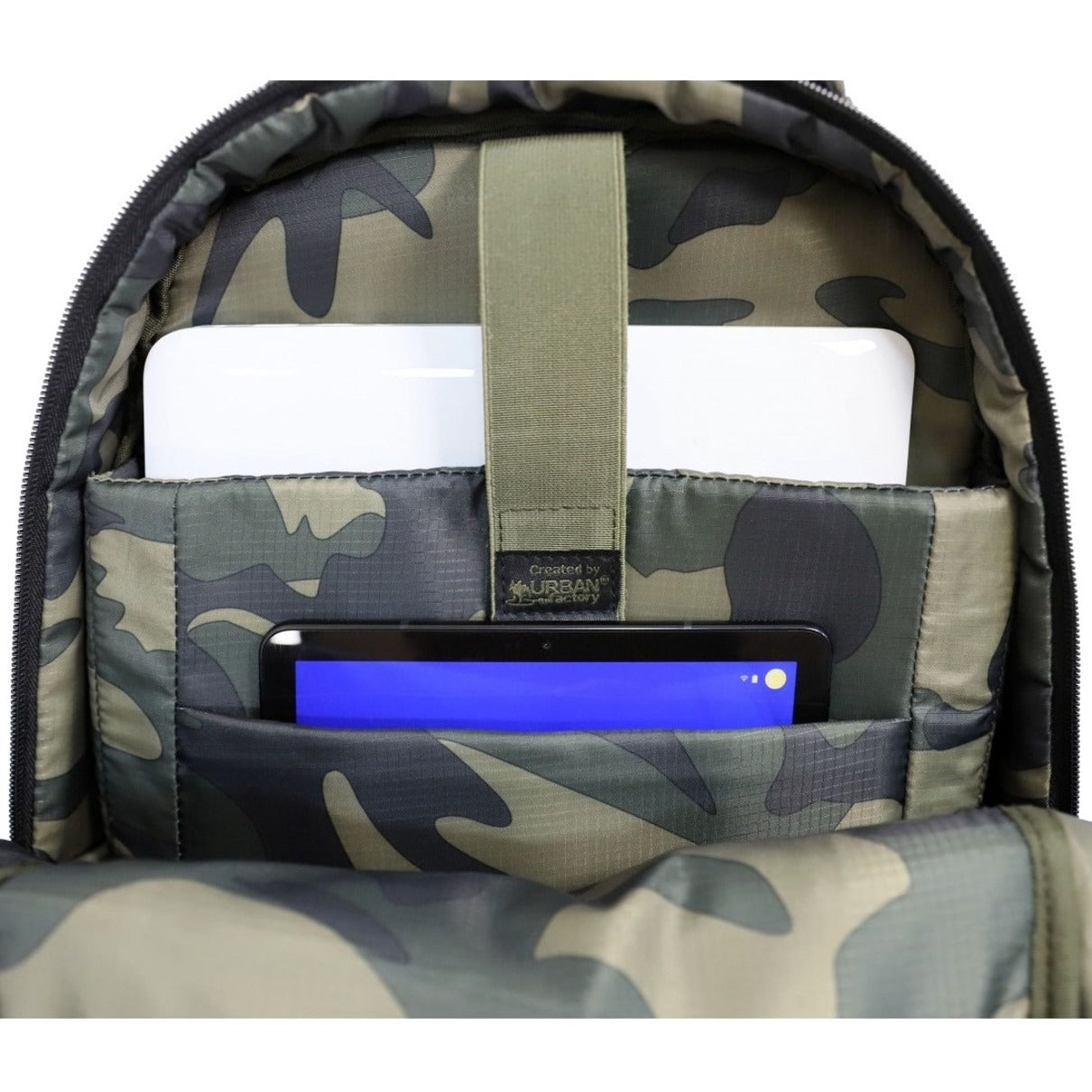 Interior view showing laptop compartment with security strap and camo lining-alternate-image6