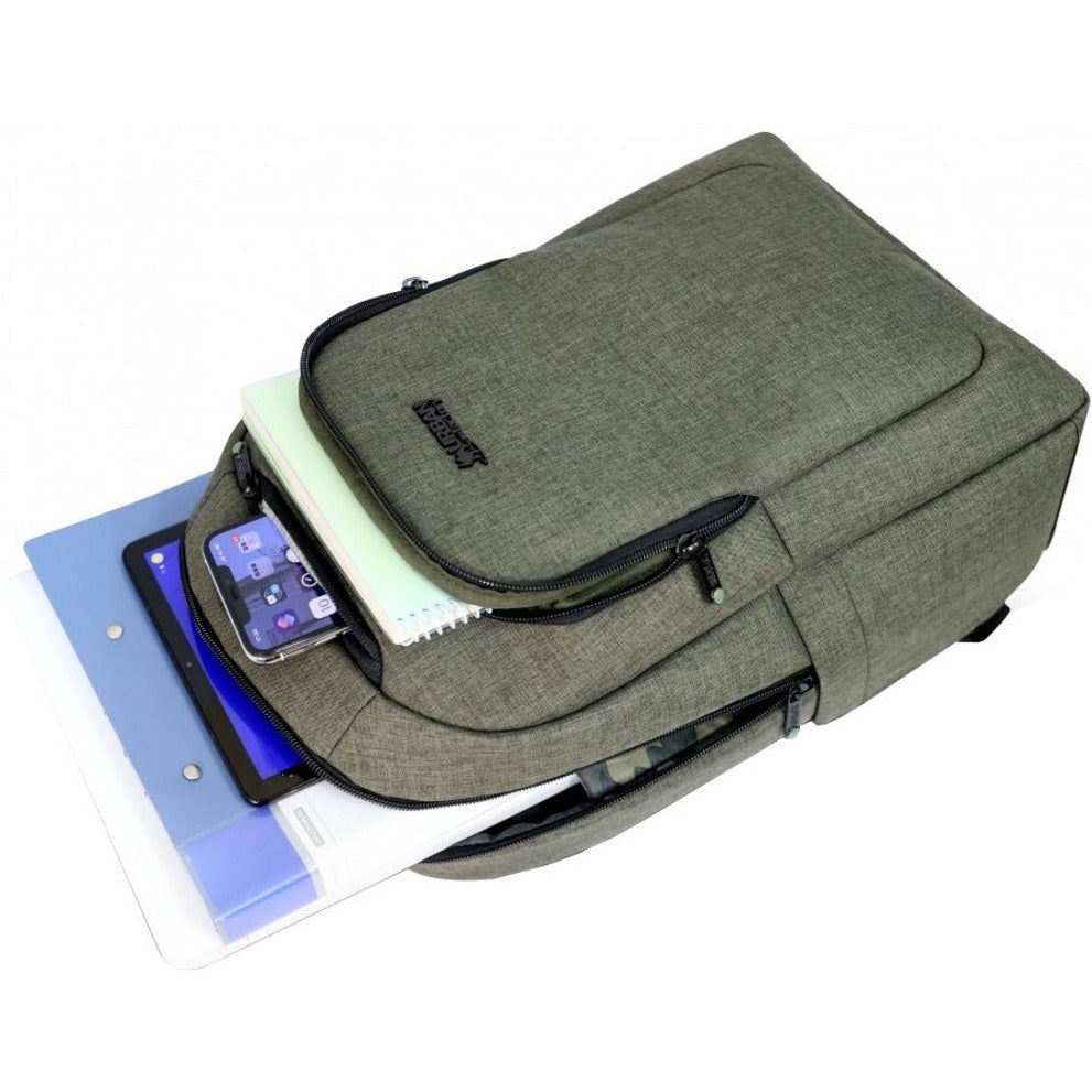 Side view of Urban Factory backpack showing multiple compartments with devices and documents-alternate-image2