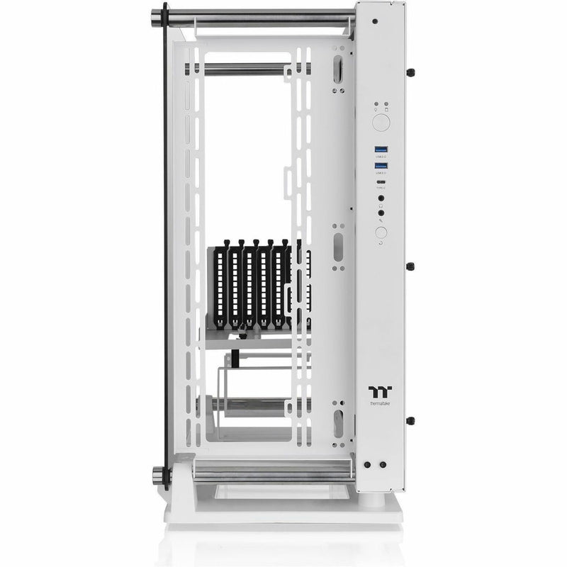 Front view of Thermaltake Core P3 TG Pro Snow case showing I/O panel and expansion slots