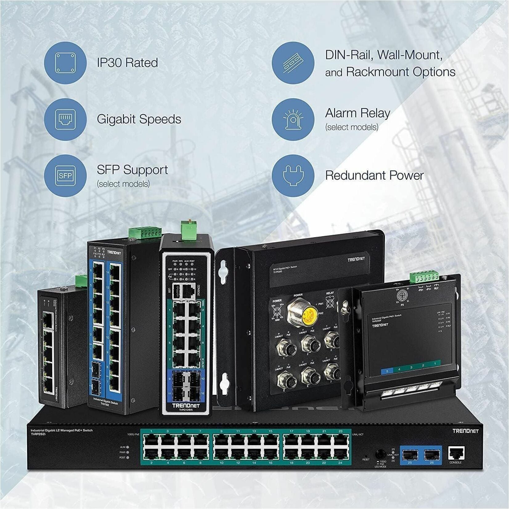 TRENDnet TI-BG62I 6-포트 산업용 기가비트 L2+ 관리 PoE++ DIN-레일 스위치 4 x 기가비트 PoE++ 포트 VLAN QoS LACP 대역폭 관리 ERPS 블랙