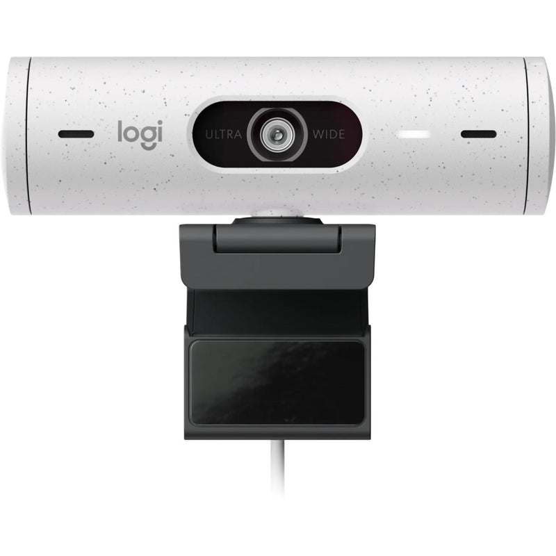 Front view of Logitech BRIO 505 webcam showing privacy shutter and ultra-wide lens