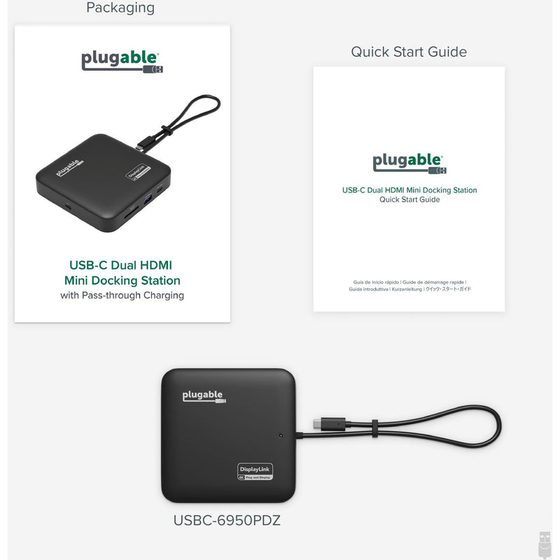 Product packaging contents including docking station and quick start guide