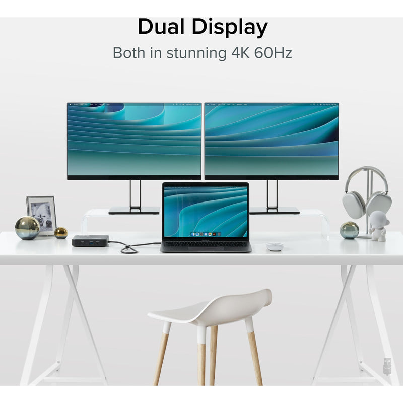 Modern workspace setup showing dual 4K monitors connected through the Plugable docking station