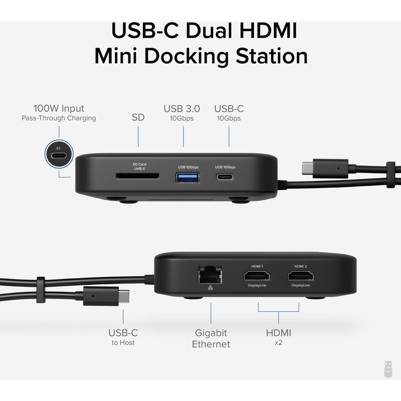 Detailed diagram showing all available ports and connections on the Plugable mini docking station