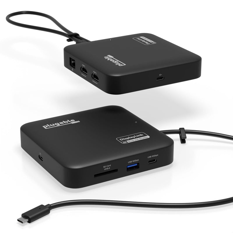 Plugable USB-C mini docking station showing multiple ports and compact design from different angles