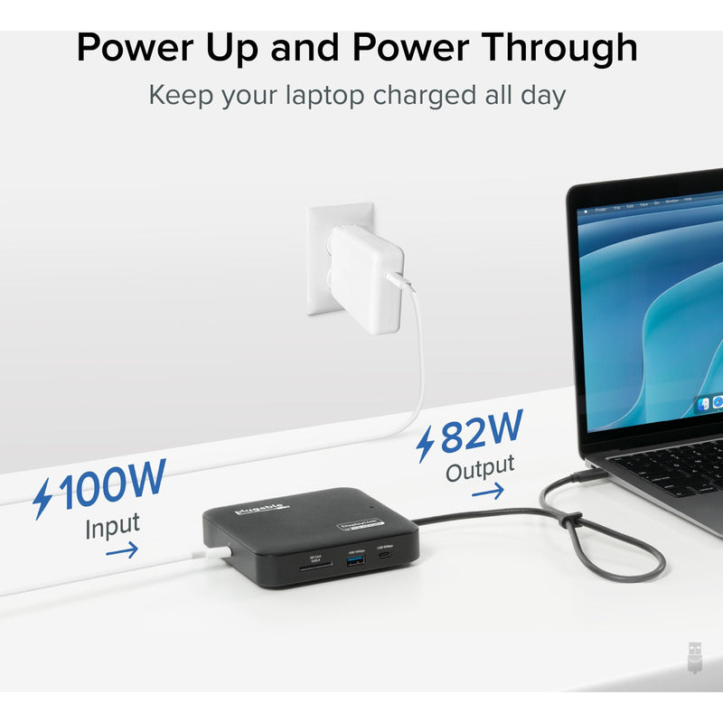 Diagram showing power delivery capabilities from wall outlet through dock to laptop