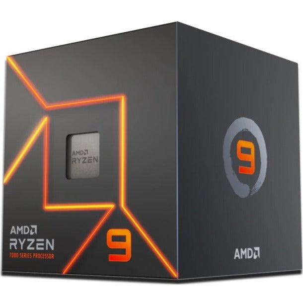 AMD Ryzen 9 7900 processor retail box featuring geometric orange LED-style design on dark gray background with Ryzen 9 branding-alternate-image1