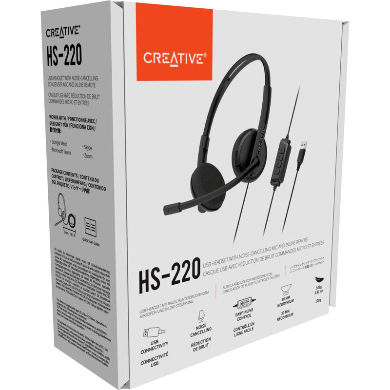 Front view of Creative HS-220 retail box showing product features and image