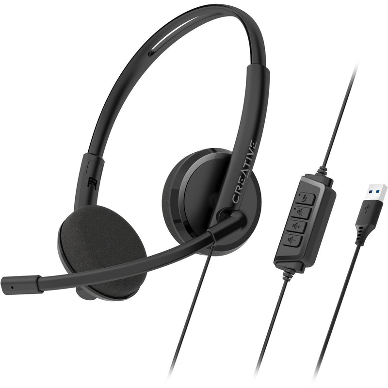 Creative HS-220 USB headset showing binaural design with noise-cancelling boom microphone and inline remote control