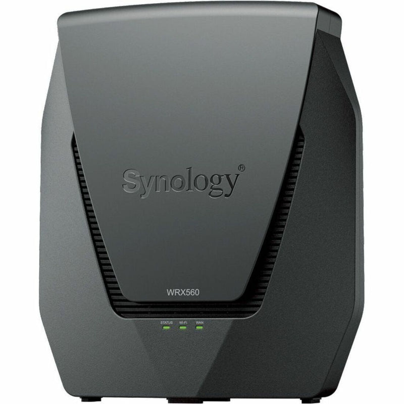 Front view of Synology WRX560 Wi-Fi 6 router showing angular design with status LED indicators