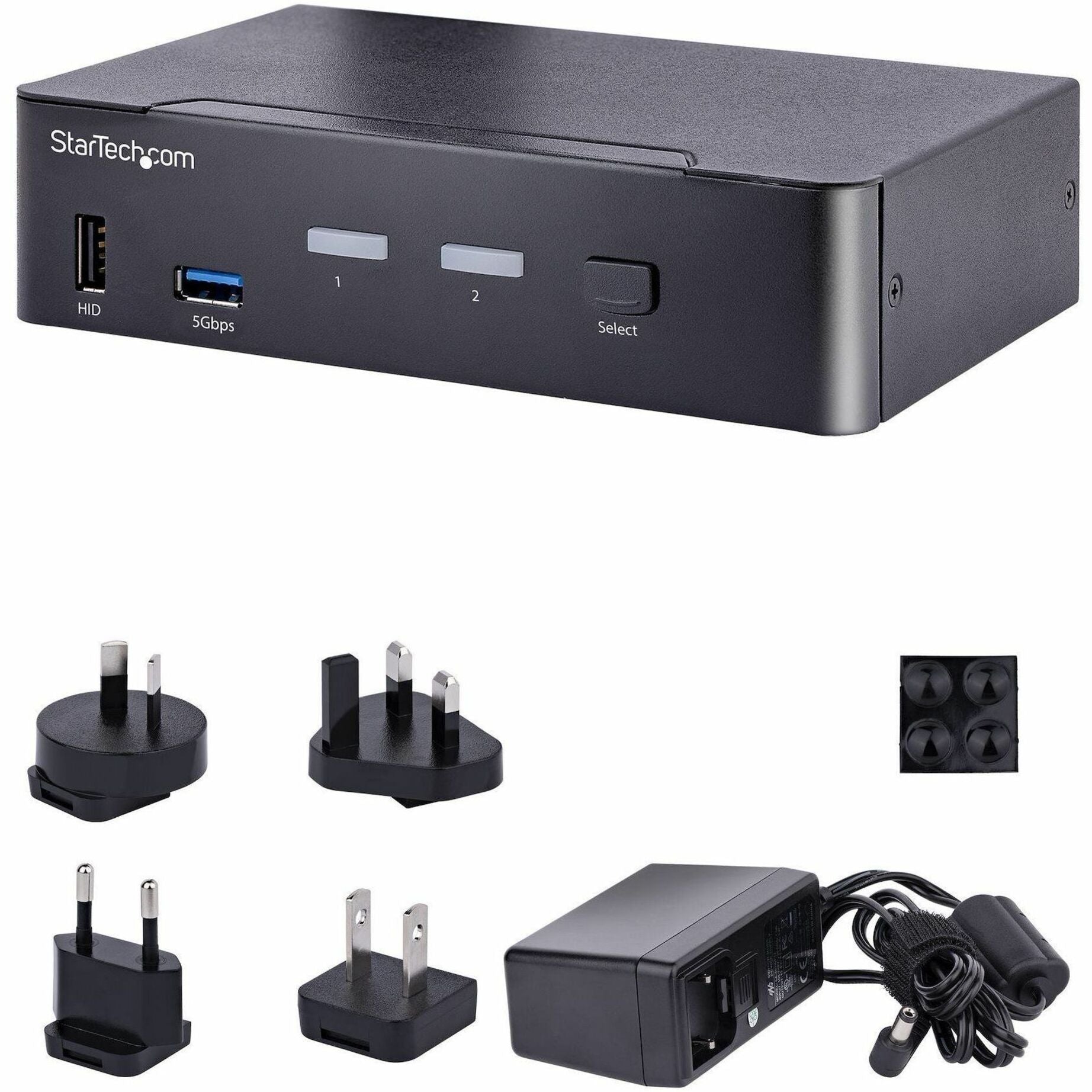 Complete package contents showing KVM switch, power adapters, and mounting accessories-alternate-image5