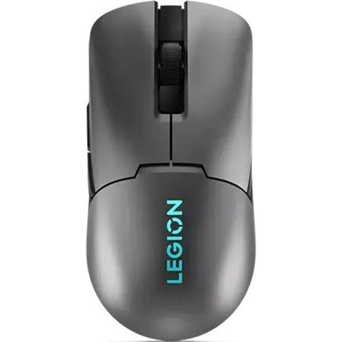 Top view of Lenovo Legion M600s wireless gaming mouse in storm gray with illuminated blue Legion logo