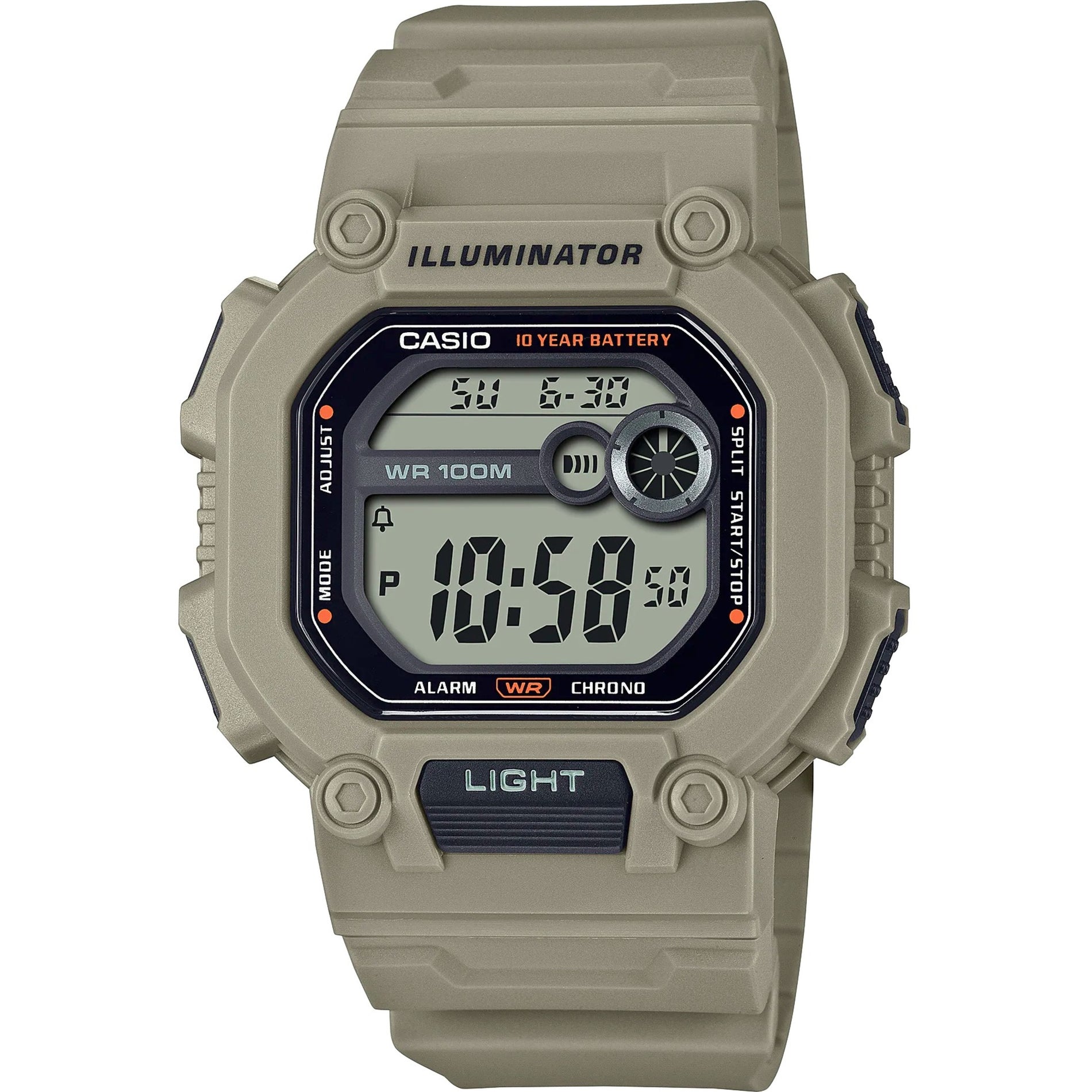 Casio W-737HX-5AV digital watch with tan resin case, LED display, and illuminator function showing 10:50 time-alternate-image1