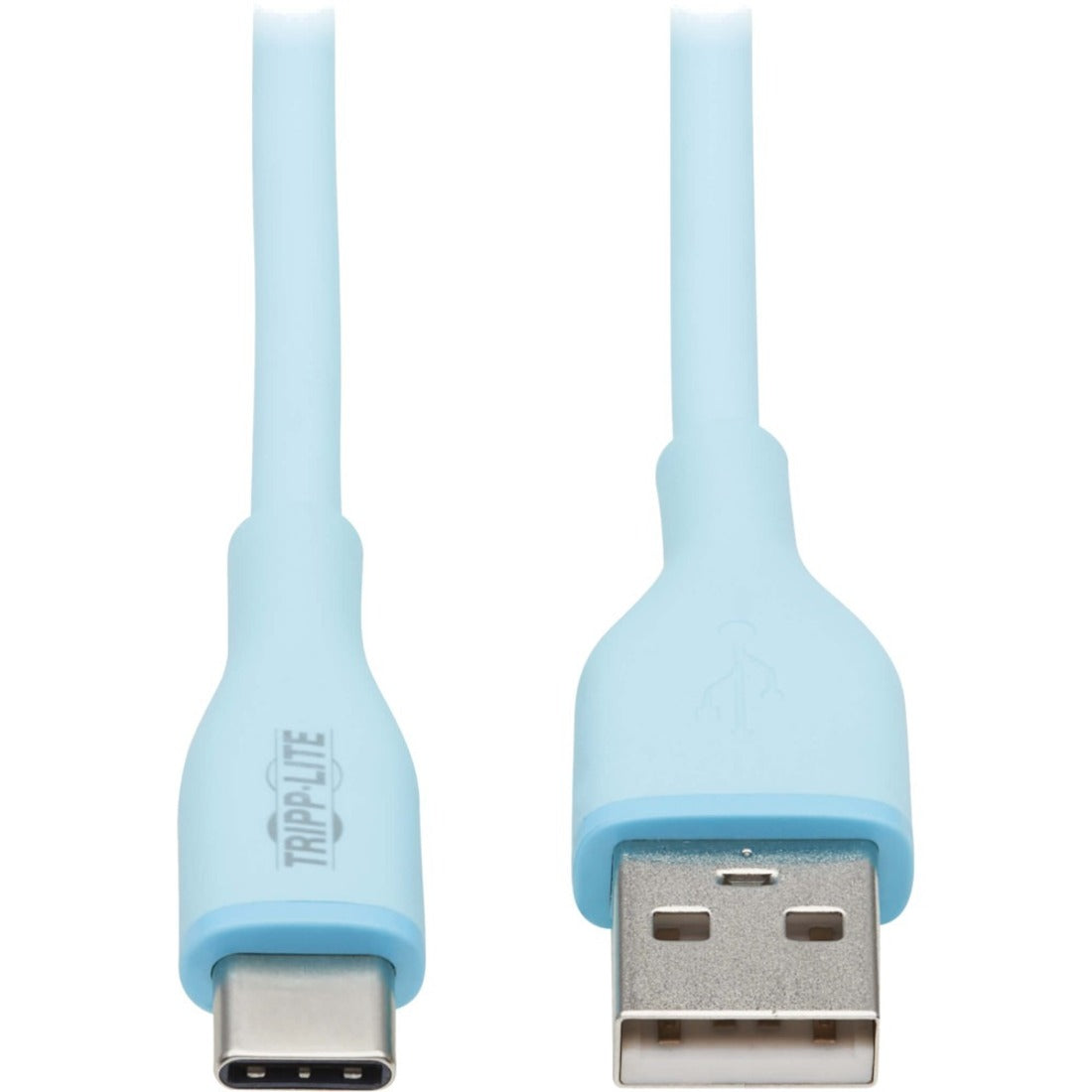 Close-up view of USB-A and USB-C connectors with light blue housing and Tripp Lite branding-alternate-image2