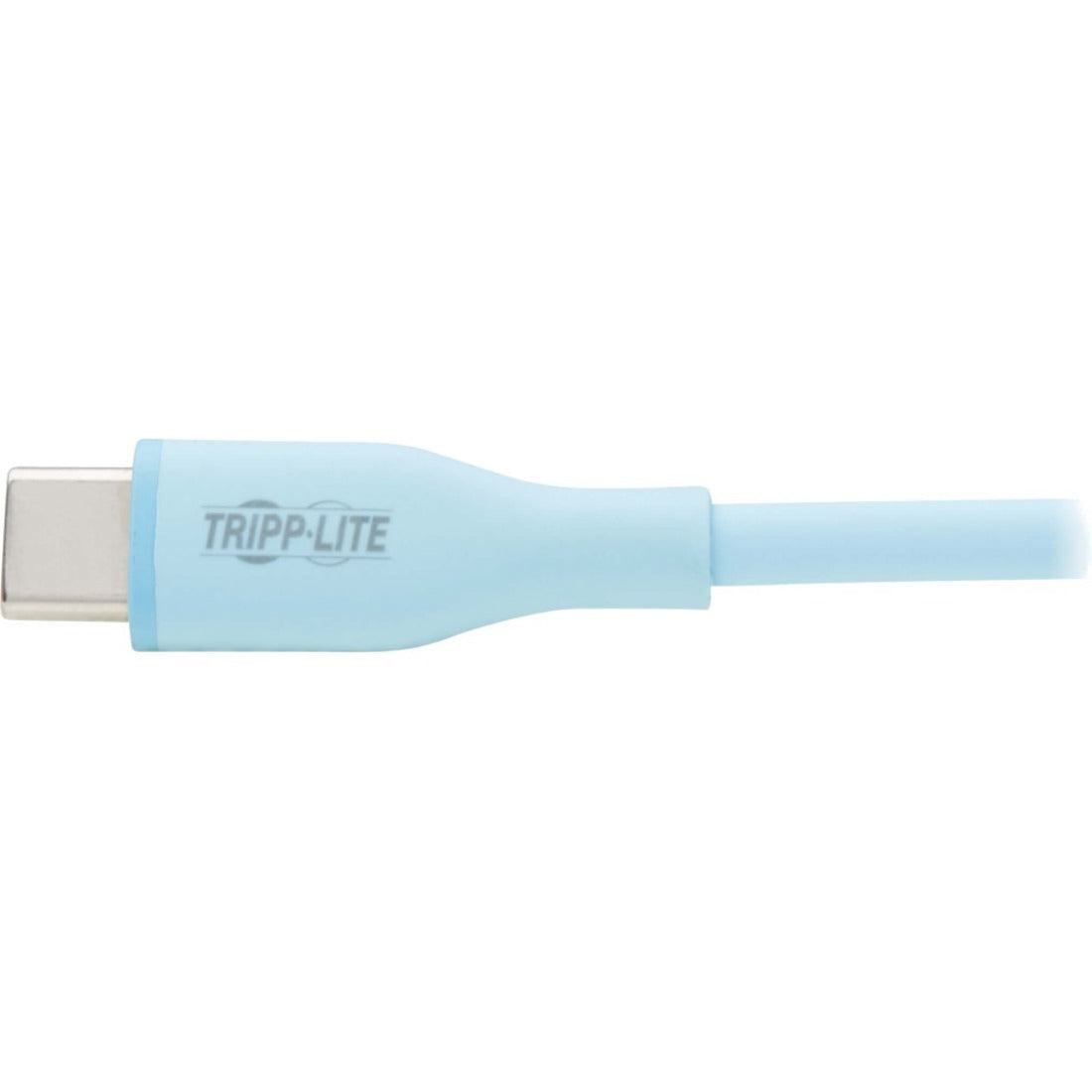 Close-up of USB-C connector showing Tripp Lite branding on light blue housing-alternate-image5