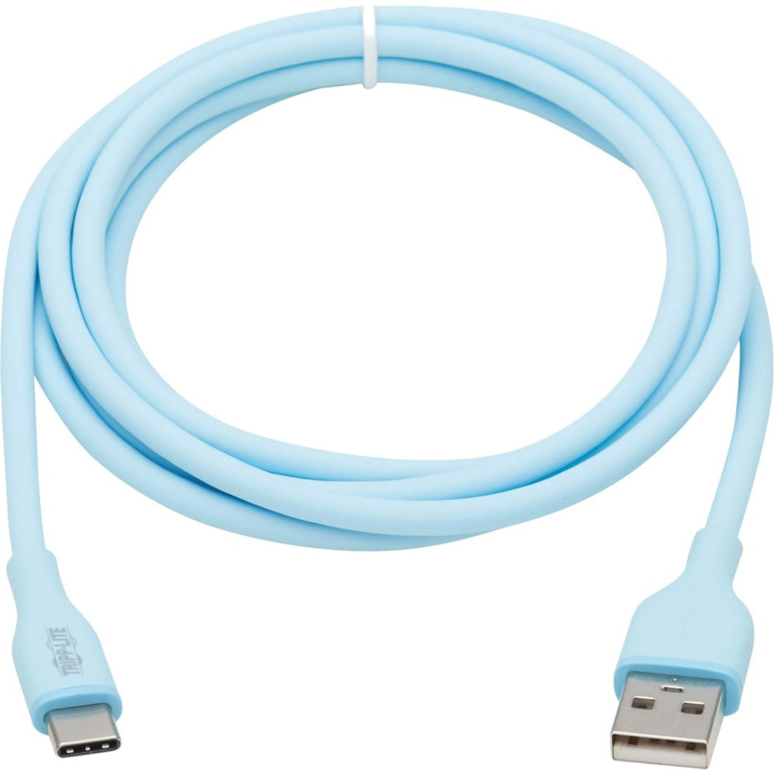 Light blue USB-A to USB-C cable with flexible silicone jacket shown in coiled position-alternate-image1