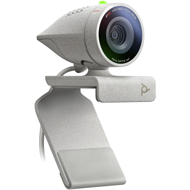 Side view of Poly Studio P5 webcam showing 80-degree HD lens and monitor mounting clip