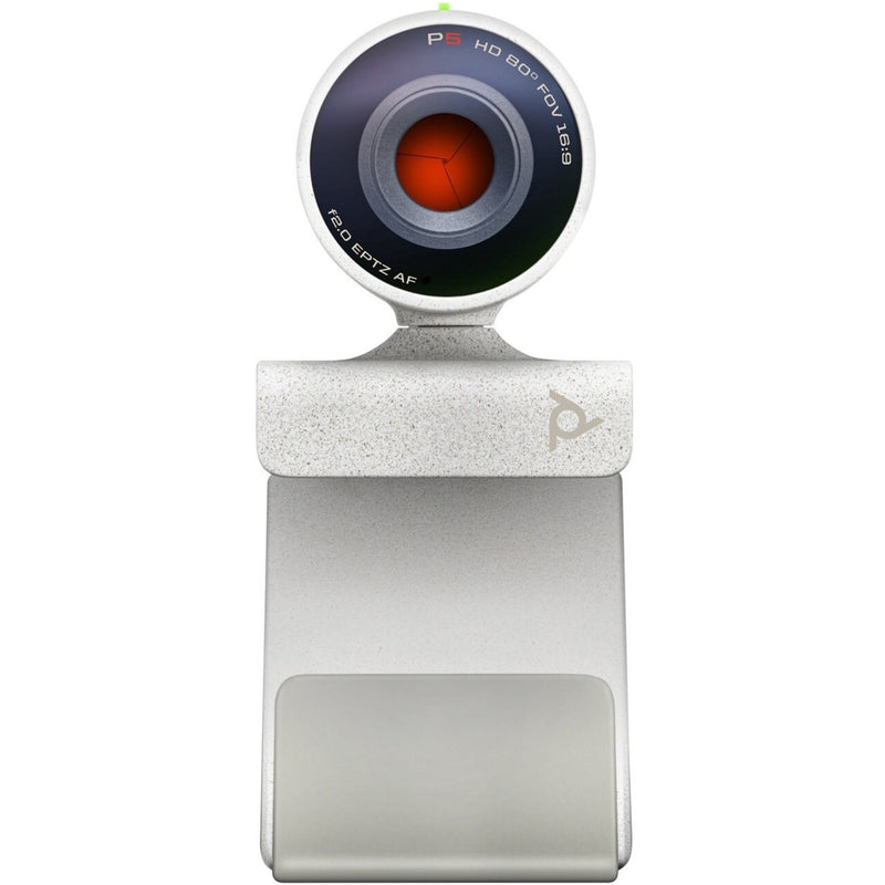 Close-up view of Poly Studio P5 webcam lens system with status indicator