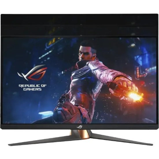 Front view of ROG Swift gaming monitor displaying ROG branding and gaming visuals