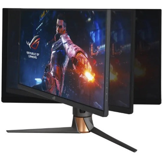 Angled view of ROG Swift monitor showing adjustable stand capabilities