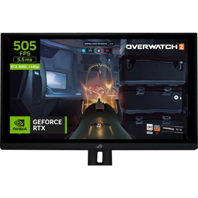 Monitor displaying Overwatch 2 gameplay with FPS counter and NVIDIA performance metrics