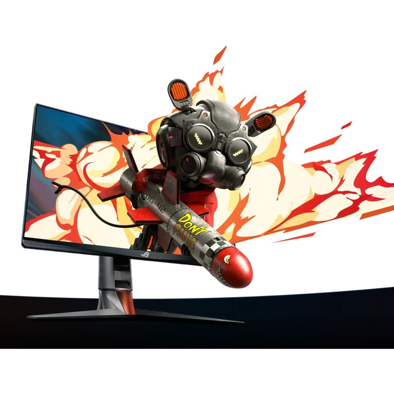 Artistic rendering of ROG Swift monitor with explosive gaming visual effects