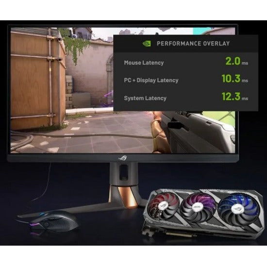 Monitor displaying NVIDIA Reflex latency metrics with gaming peripherals