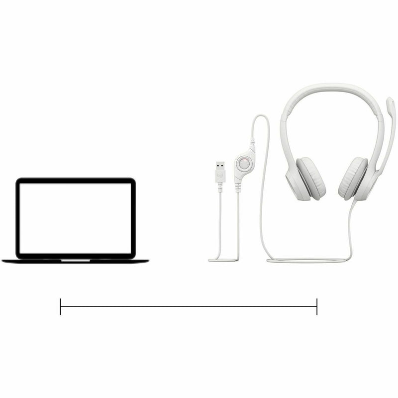 Logitech H390 USB headset shown with laptop connectivity and full cable length illustration