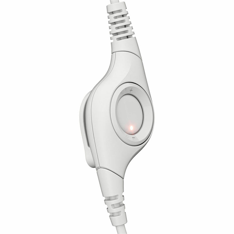 Close-up view of Logitech H390 headset's white in-line volume control module with illuminated indicator