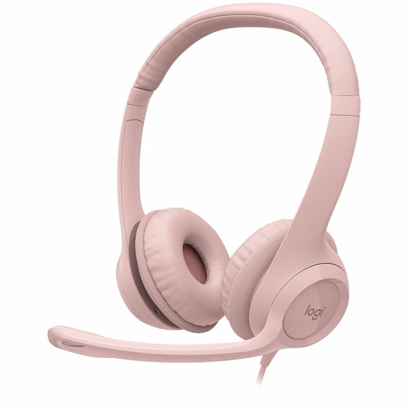 Front view of Logitech H390 USB headset in rose color with microphone and ear cushions