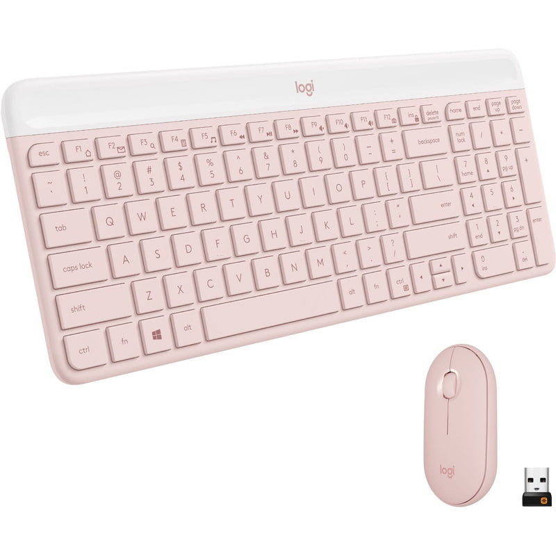 Logitech MK470 wireless keyboard and mouse combo in rose pink with white accents and USB receiver