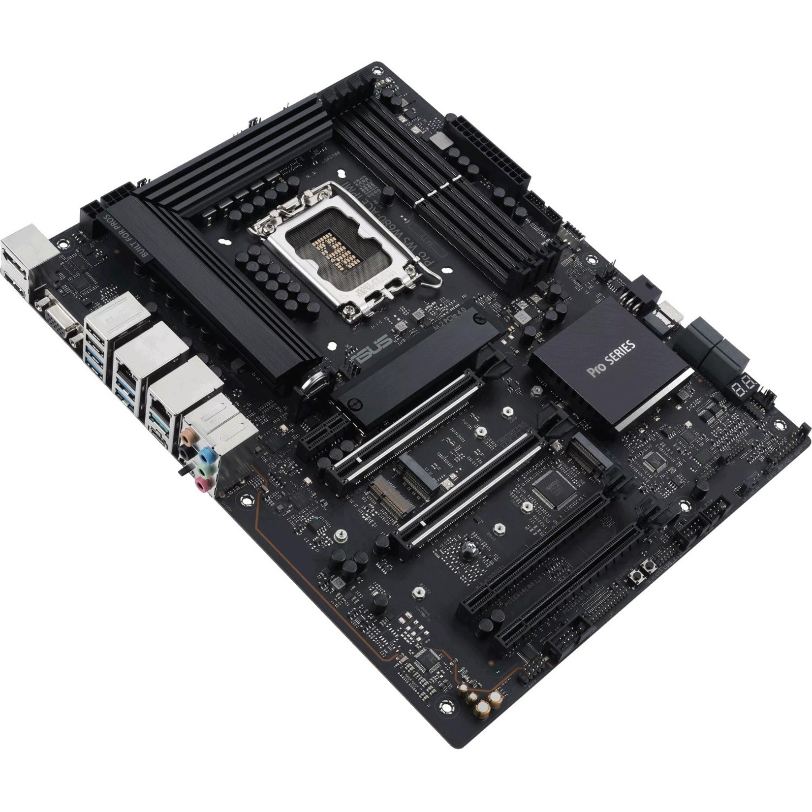 Diagonal view of ASUS PRO WS W680-ACE IPMI motherboard showing component layout and cooling design-alternate-image4