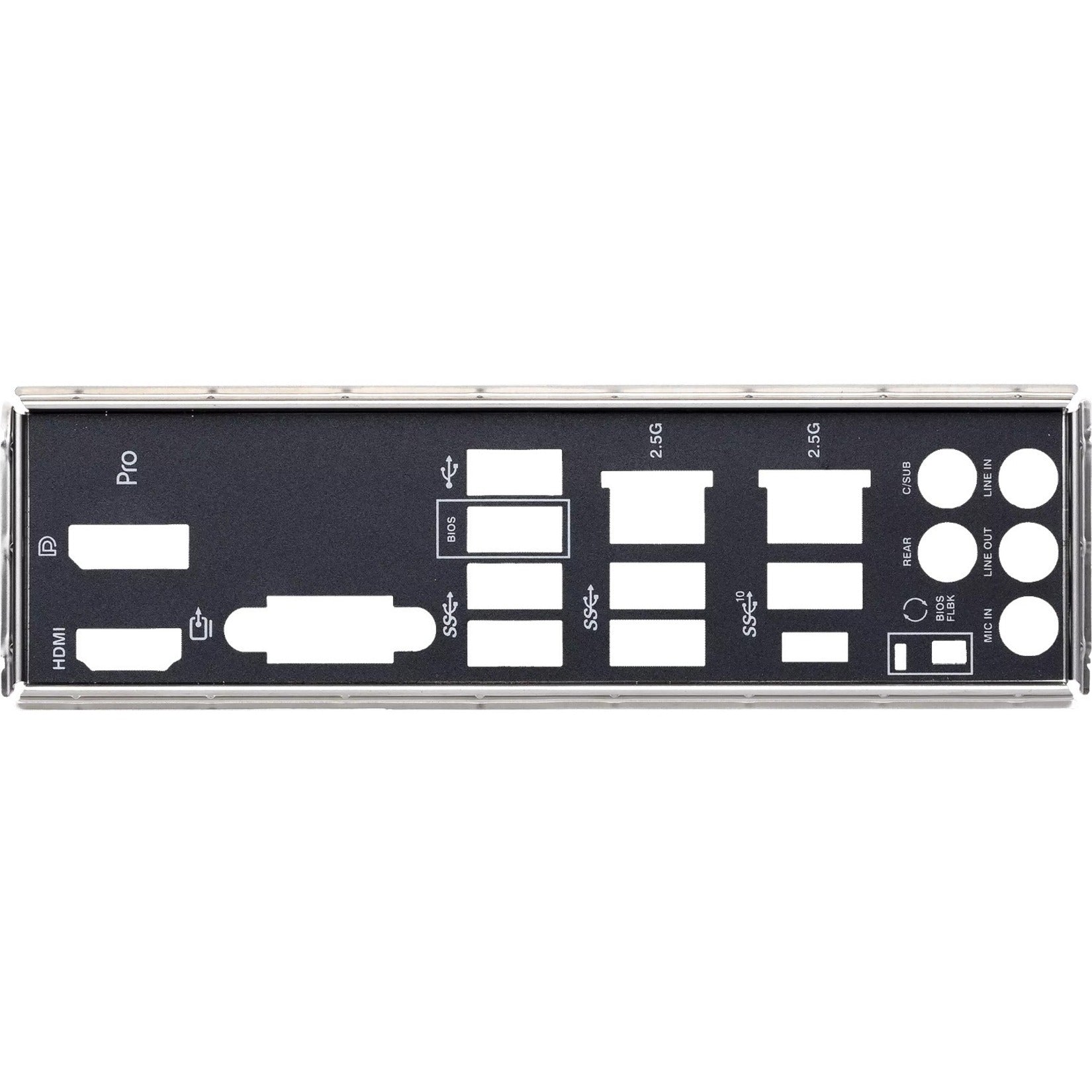 Detail view of ASUS PRO WS W680-ACE IPMI motherboard I/O shield with port labels-alternate-image6