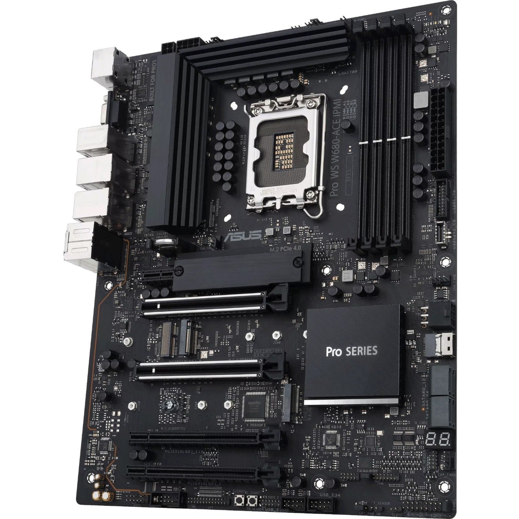 Perspective view of ASUS PRO WS W680-ACE IPMI motherboard emphasizing M.2 slots and power delivery system-alternate-image3