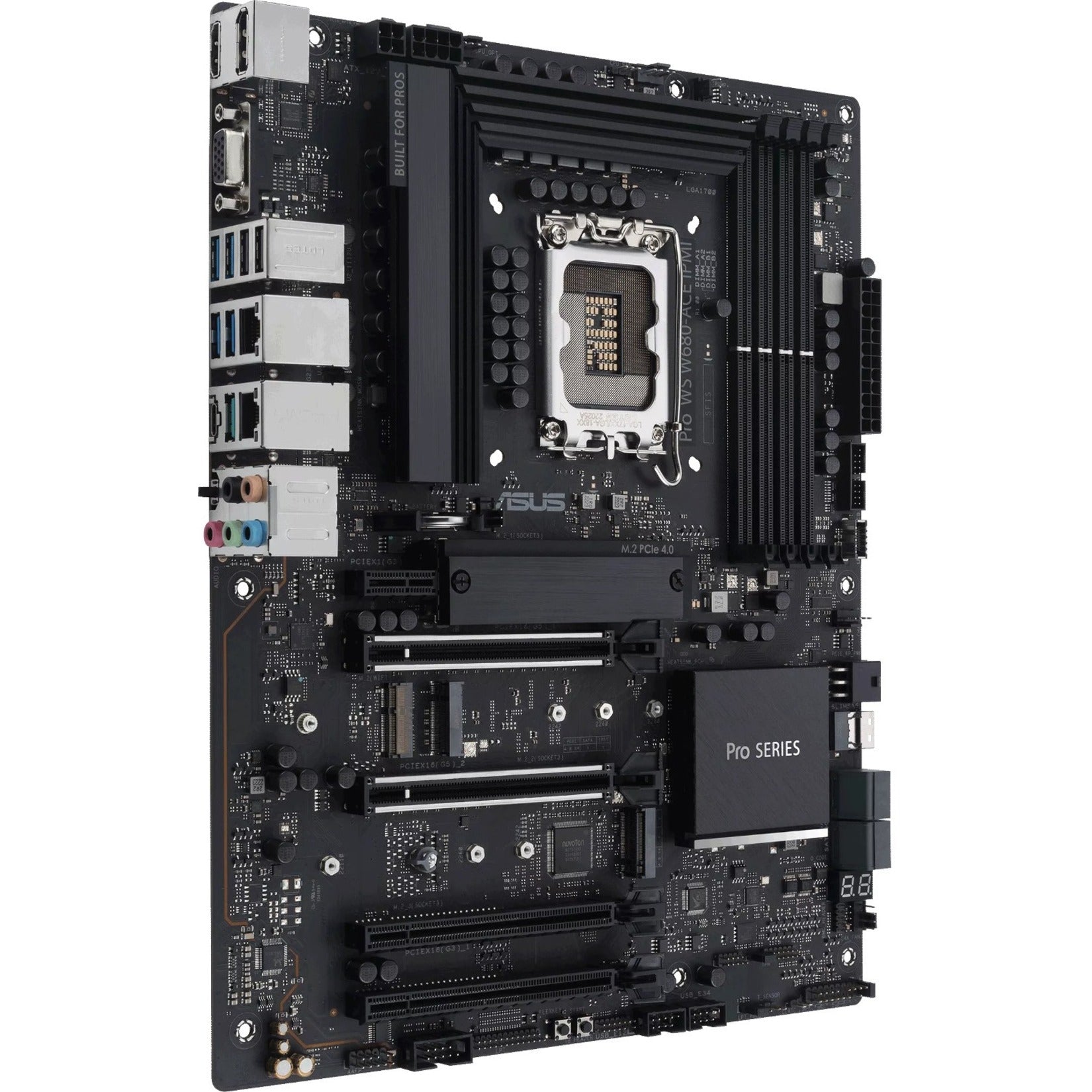 Angled view of ASUS PRO WS W680-ACE IPMI motherboard highlighting rear I/O ports and connectivity options-alternate-image2