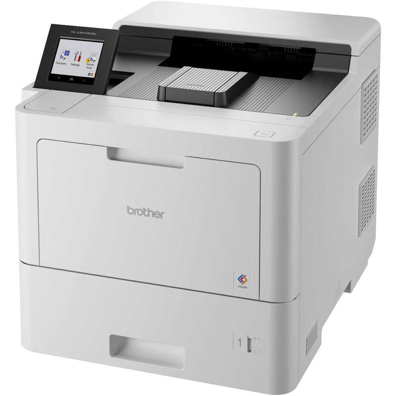 Elevated side view of Brother HL-L9410CDN printer emphasizing display angle