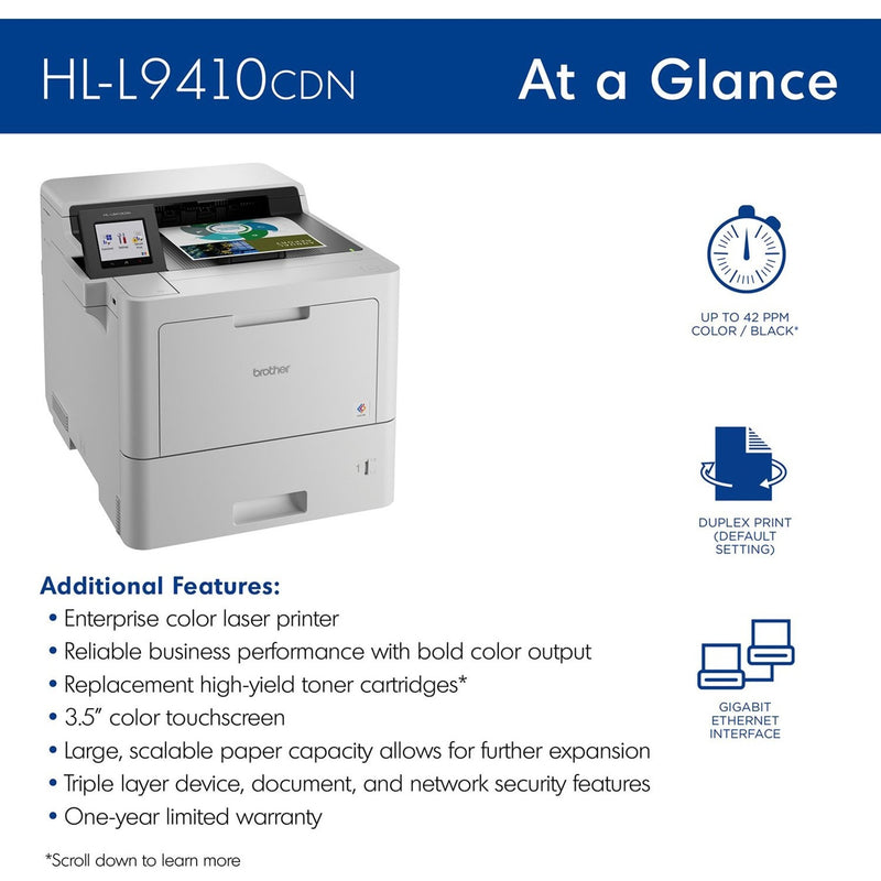 Feature overview display of Brother HL-L9410CDN with icons