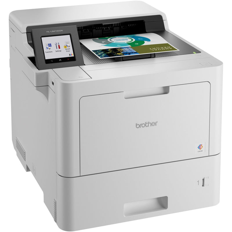 Front angled view of Brother HL-L9410CDN enterprise color laser printer with touchscreen display