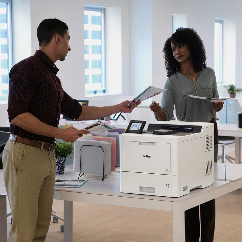 Office scene showing two professionals using Brother printer for document collaboration