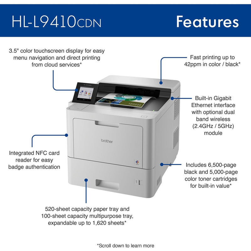 Infographic showing key features of Brother HL-L9410CDN printer